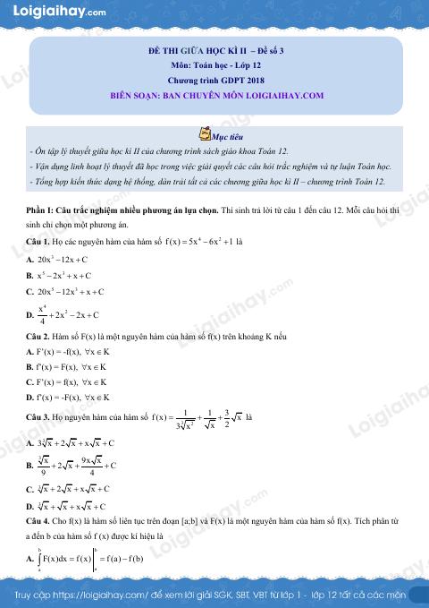 Đề thi giữa kì 2 Toán 12 Cánh diều - Đề số 3